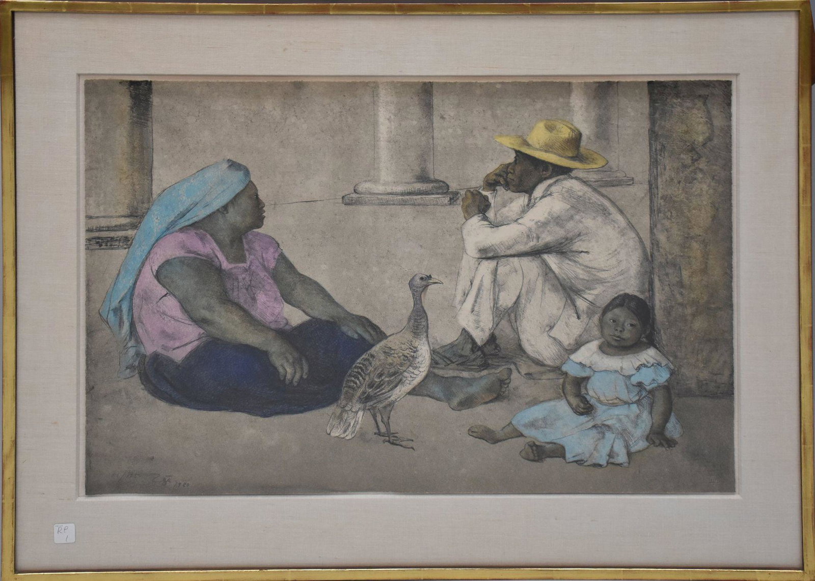 Francisco Zuniga (Mexican 1912-1998) colored lithograph family seated with bird, edition 51/125, (1 of 6)