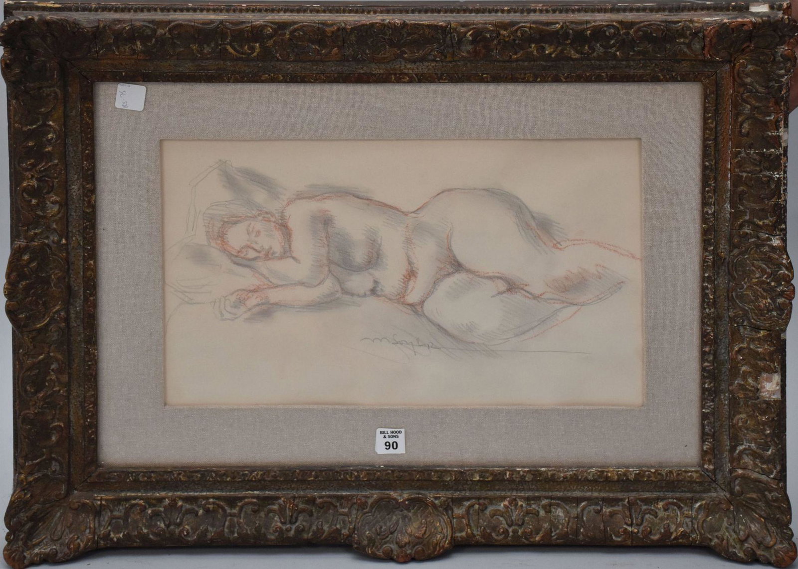 Moses Soyer (American, 1899 - 1974) crayon and pencil graphite on paper, reclining nude, signed: Moses Soyer (American, 1899 - 1974) crayon and pencil graphite on paper, reclining nude, signed bottom right, 17" x 11" sight, 27" x 21" overall