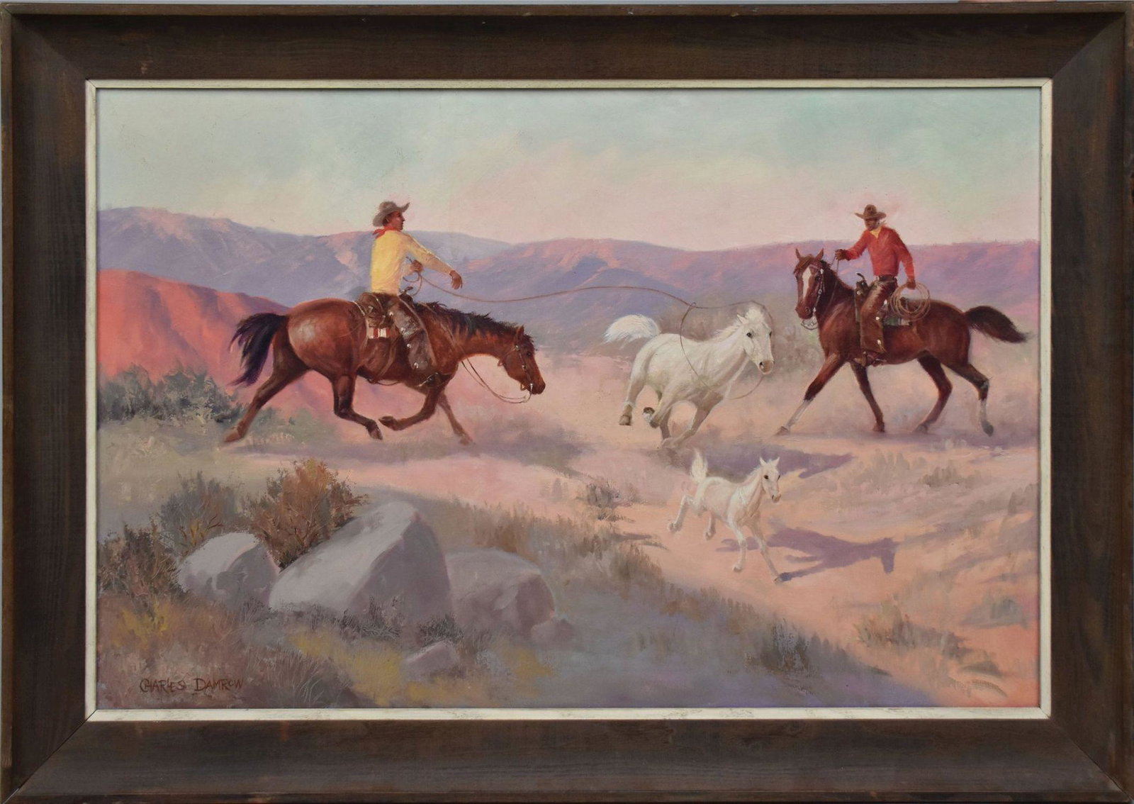 Charles Damrow (American, 1916-1989) oil on canvas, Western Cowboy Scene, canvas 24 x 36 inches: Charles Damrow (American, 1916-1989) oil on canvas, Western Cowboy Scene, canvas 24 x 36 inches