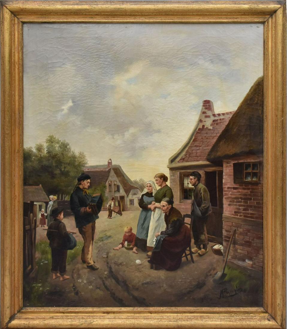 Large 19th Century Dutch School oil on canvas, Village Scene, signed illegibly, signt size 37 x 31 (1 of 9)