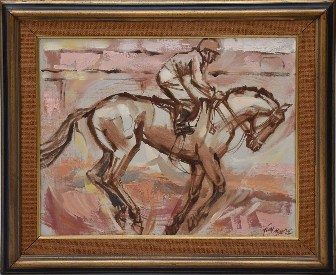 Fay Mowery Moore (American, 1920 - 2016) oil on canvas, Race Horse & Jockey, signed lower right, 16 (1 of 4)