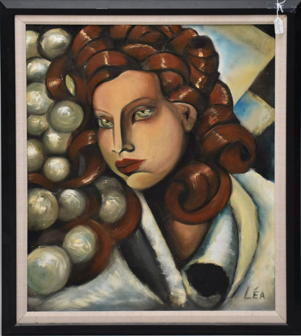Manner Of Tamara De Lempicka, Art Deco Oil On Canvas, Portrait of a Woman, Signed "Lea", Framed 37": Manner Of Tamara De Lempicka, Art Deco Oil On Canvas, Portrait of a Woman, Signed "Lea", Framed 37" x 30"