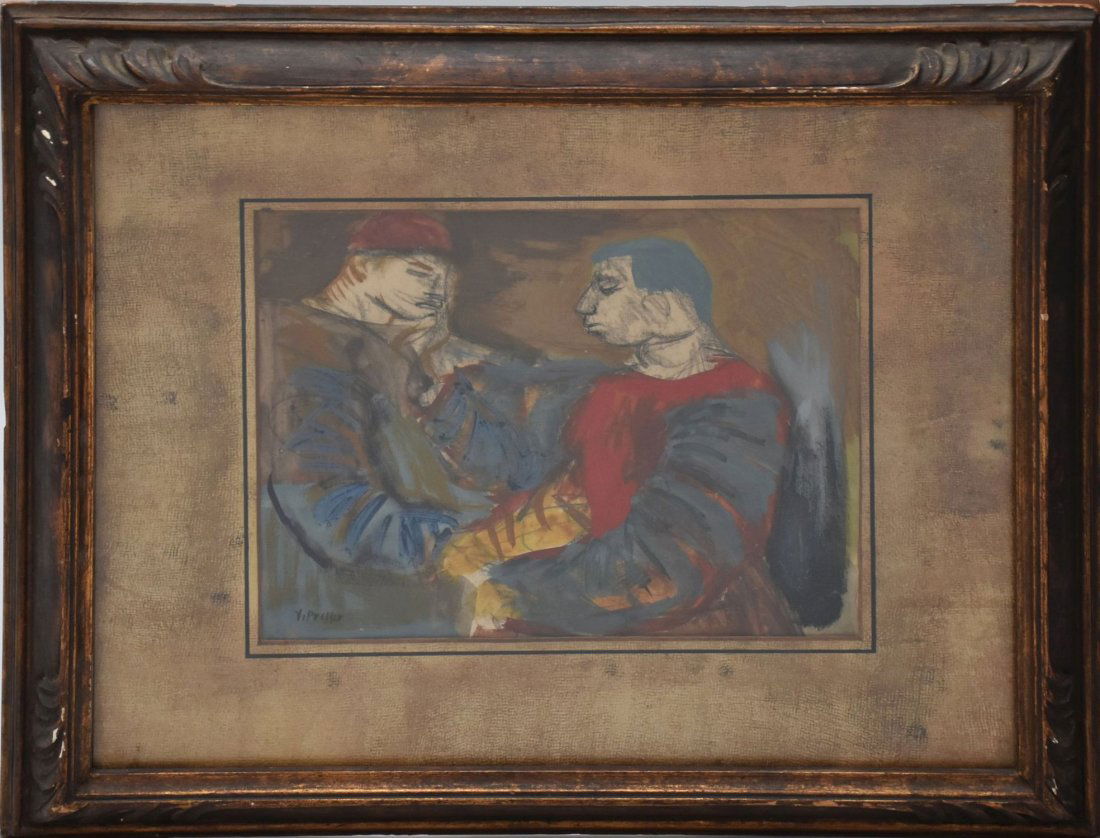 Josef Presser (AMERICAN, 1907â€“1967) gouache and watercolor on paper, two wrestlers (1 of 5)