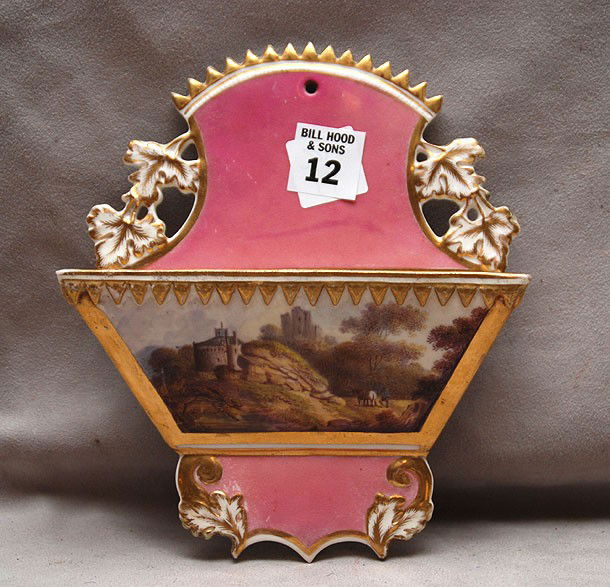 Antique Coalport porcelain wall pocket, hand painte: Antique Coalport porcelain wall pocket, hand painted landscape on front, pink with gilded accents, 7 1/2"h x 6 1/2"w