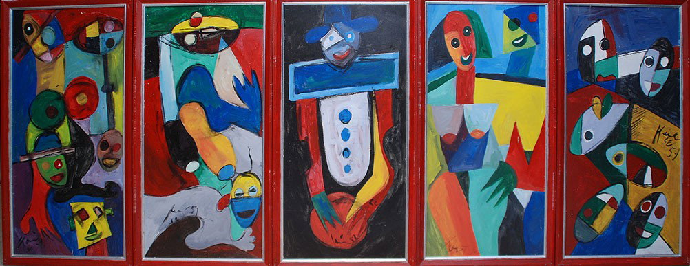 5 Paintings by Peter Robert Keil (Germany 1942- ) : 5 Paintings by Peter Robert Keil (Germany 1942- ) 4 oil on board - 1 oil on canvas, early works dated '59 abstract people, all framed separately, approx. 40"x20"each