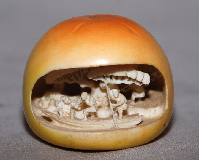 Intricately carved small ivory fruit, polychrome, : Intricately carved small ivory fruit, polychrome, 1 1/2"h x 2"w