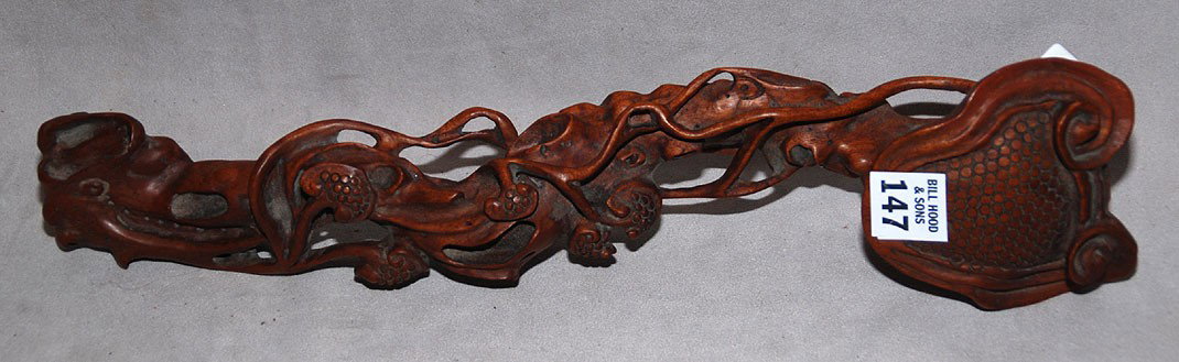 Chinese carved wood art nouveau scepter, 15"L: Chinese carved wood art nouveau scepter, 15"L