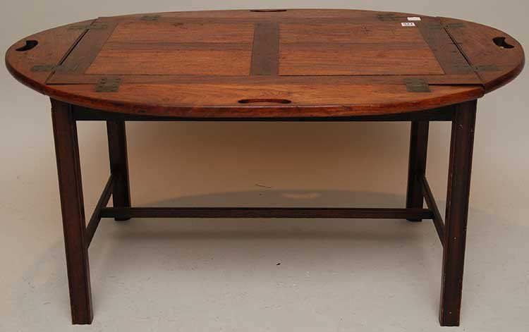 Butlers tray table, mahogany with stretcher base, : Butlers tray table, mahogany with stretcher base, 22"h x 28"w x 23"d