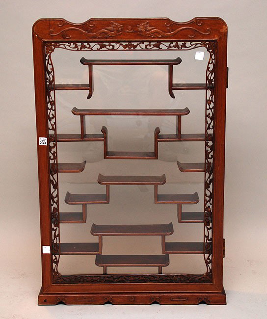 Pair Oriental hanging curio cabinets: Pair Oriental hanging curio cabinets