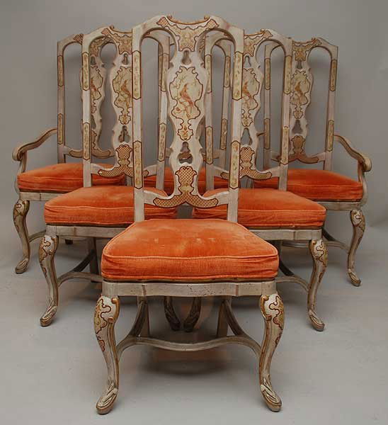 Dining set with 6 chairs and table, painted pedes: Dining set with 6 chairs and table, painted pedestal base and apron, matches chairs, orange velour seat cushions