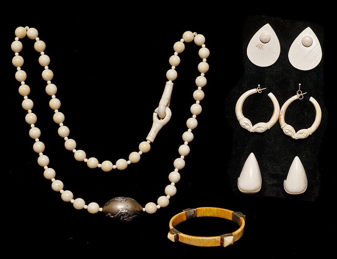 Lot of ivory; beads, 3 pair earrings and 1 bangle: Lot of ivory; beads, 3 pair earrings and 1 bangle