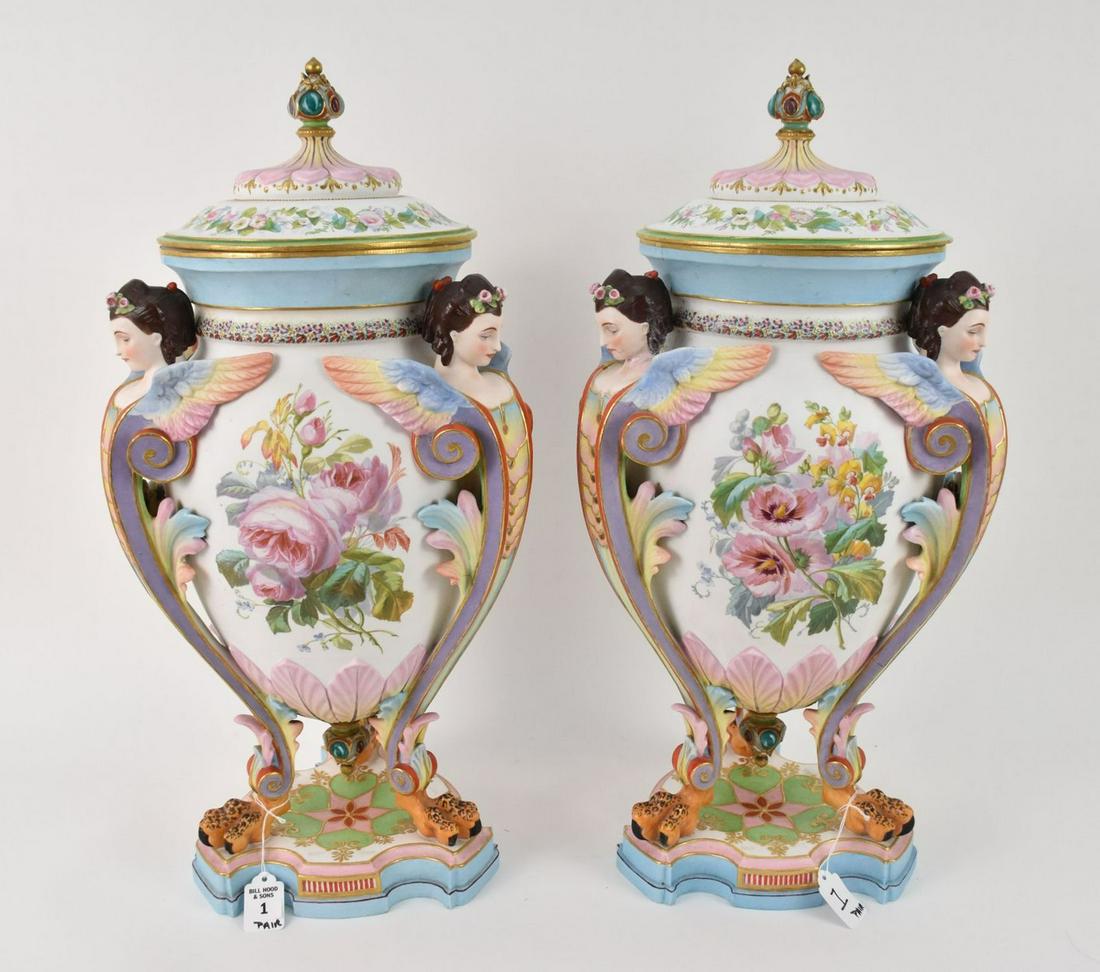 Pair 19th C. French Jean Gille French Bisque Urns - France. C. 1840s-1860s.  A pair of large highly (1 of 13)