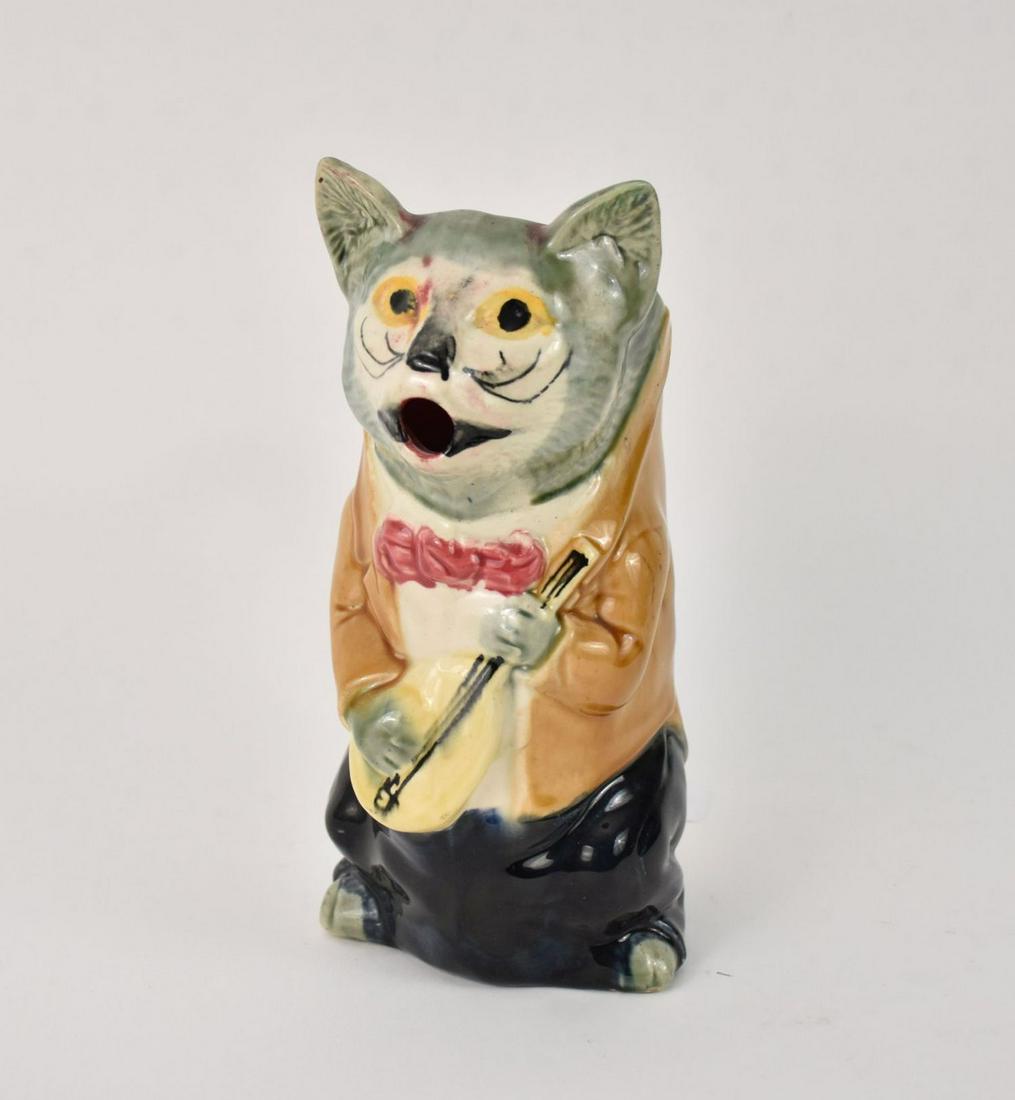 Antique French Majolica Figural Cat with Fiddle Pitcher - France. C. 1890 9 1/4" h (1 of 7)