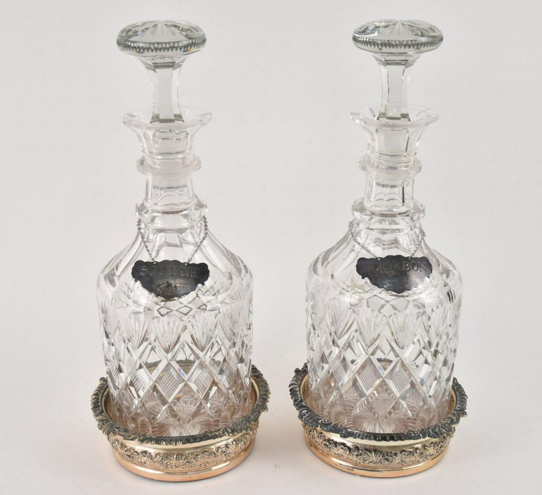 Pair Cut Glass Large Decanters with Silverplate Coasters, 2 Liquor Labels (Bourbon & Scotch) (1 of 7)