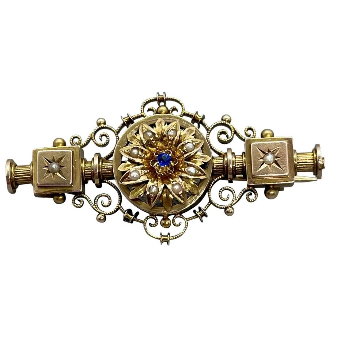 Antique Victorian Sapphire & Pearl Brooch 14K A fanciful Victorian brooch crafted in 14 karat rosy (1 of 5)