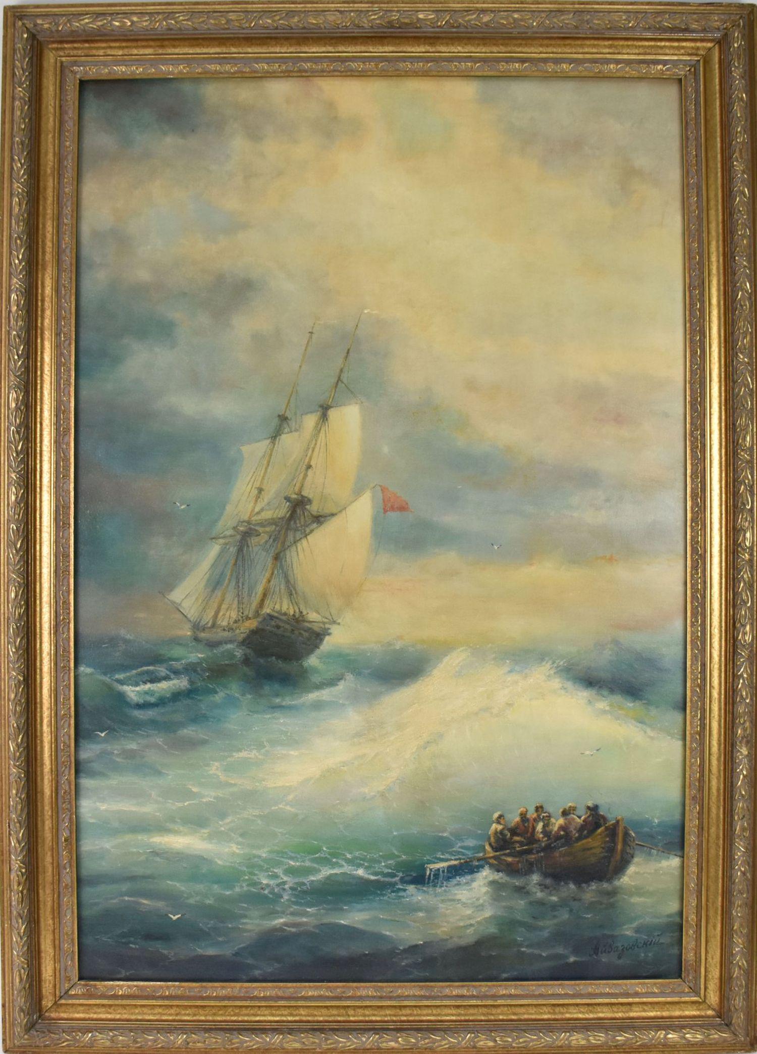 Attributed to Ivan Aivazovsky Large Russian Antique Seascape Painting, oil on canvas, canvas size is: Attributed to Ivan Aivazovsky Large Russian Antique Seascape Painting, oil on canvas, canvas size is 38 x 26 inches overall framed size 45 x 32 inches