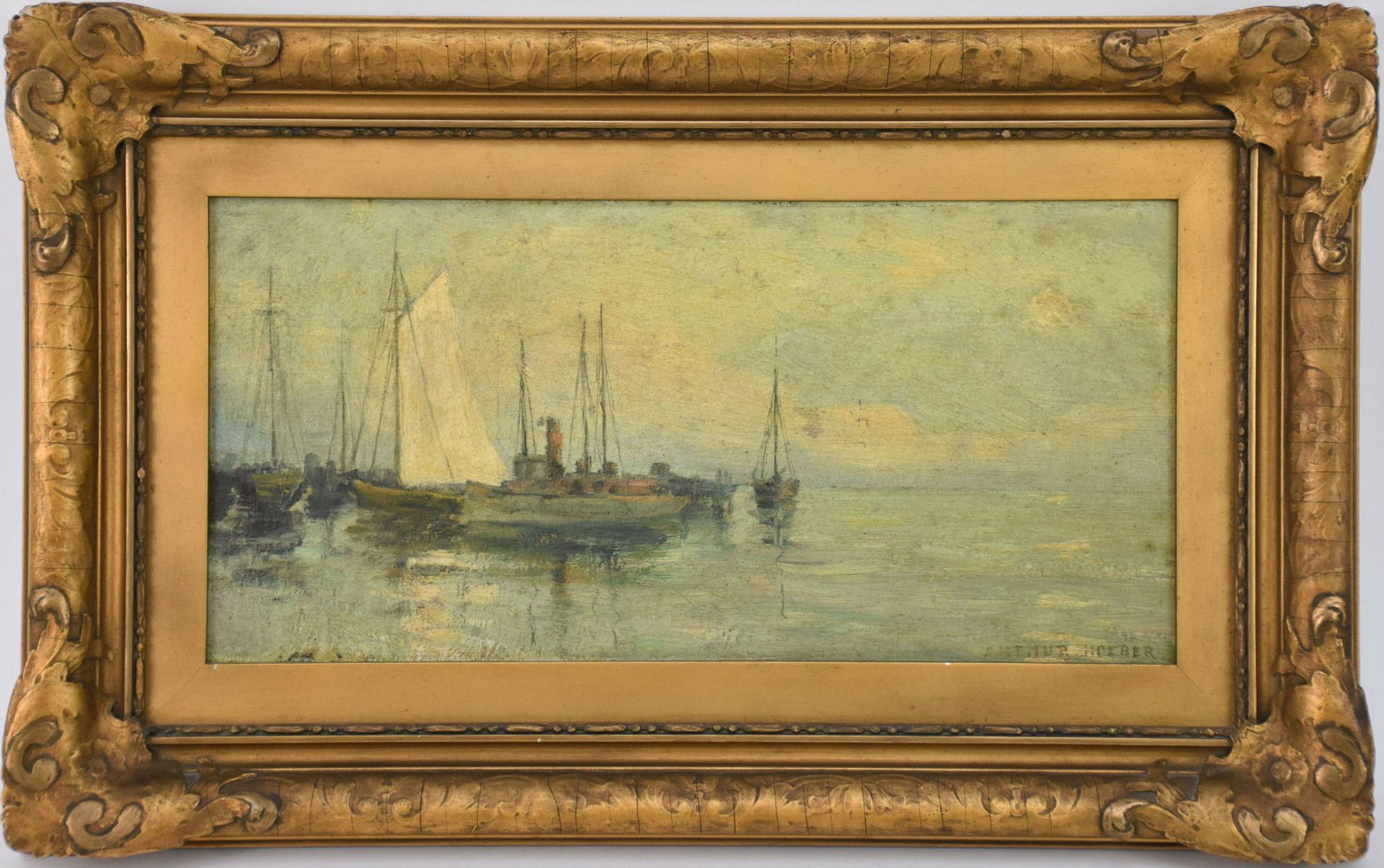 Arthur Hoeber (American 1854-1915) 19th Century Oil on board Painting, Seascape with sailboats,: Arthur Hoeber (American 1854-1915) 19th Century Oil on board Painting, Seascape with sailboats, signed lower right, sight 6-1/2 x 13 inches, overall framed size 11 x 18 inches