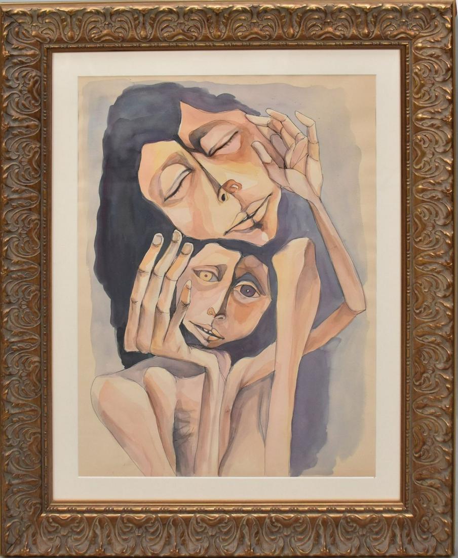 Oswaldo Guayasamin (ECUADORIAN, 1919?1999) Expressionist watercolor 2 Faces (1 of 5)