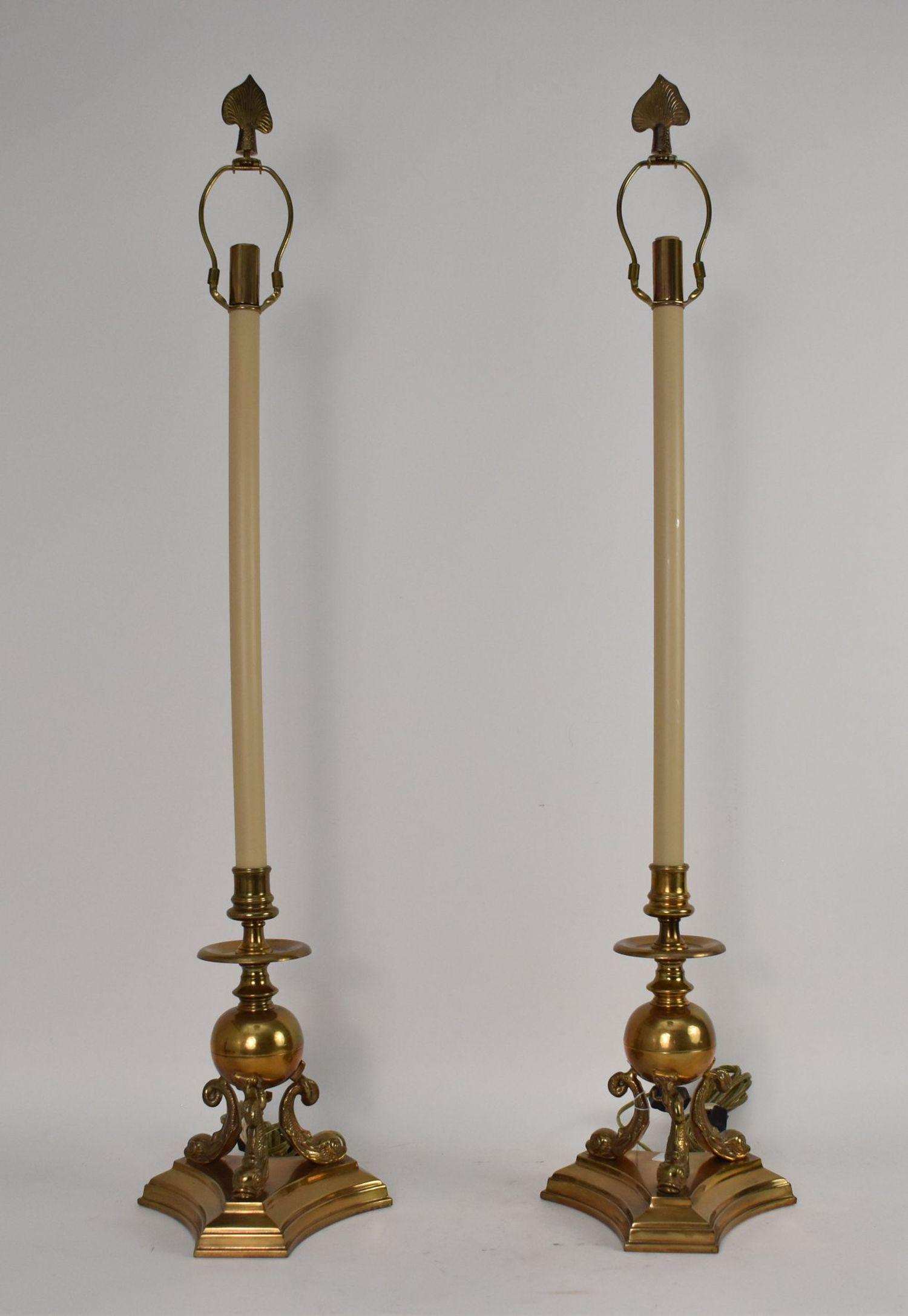 Pair Brass Chapman Lamps, Stepped Pedestal Base with 3 Dolphin Supports Holding Spheres, 37 1/2"h (1 of 4)