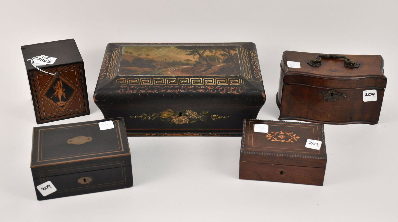 5 Wood Antique Assorted Boxes, One with Classical Inlay Diamond Pattern, Largest Hand painted (1 of 11)