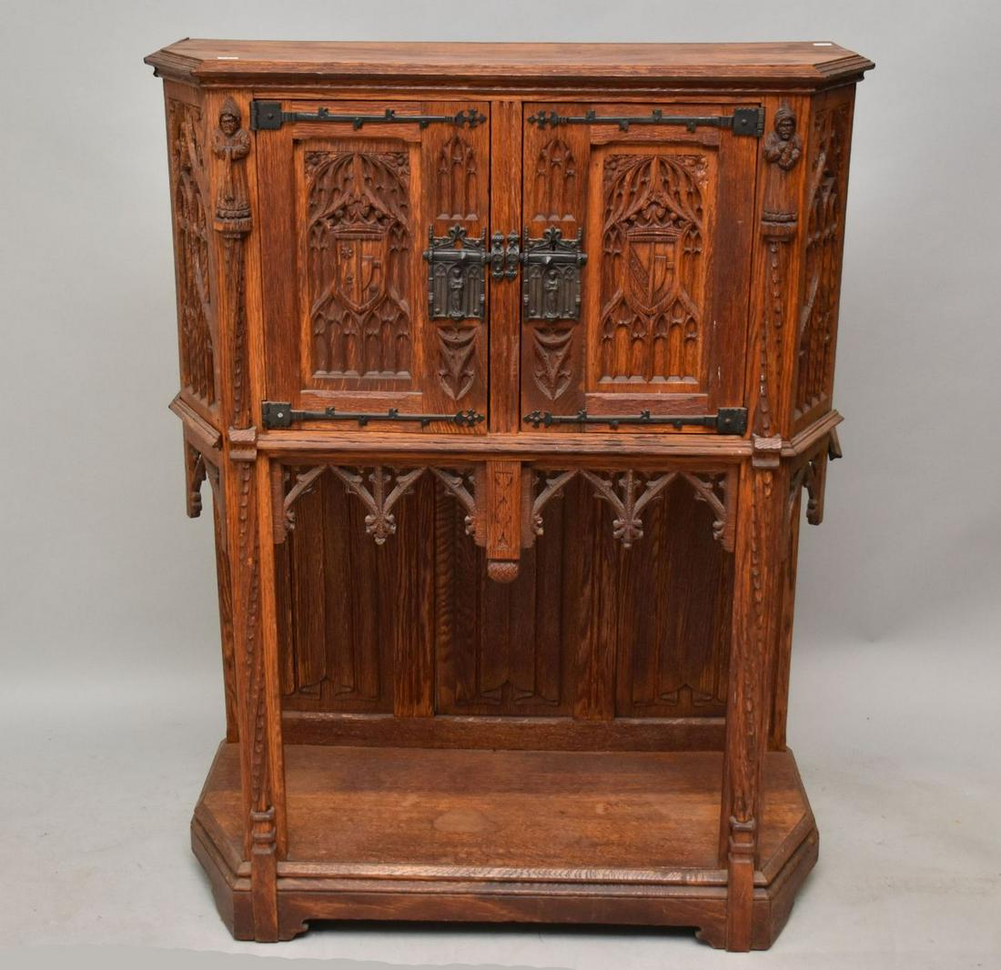 Oak Gothic Revival Cabinet, Carved Monks & Shields with Iron Hardware, 50 1/2"h x 37"w x 15 1/2"d (1 of 12)