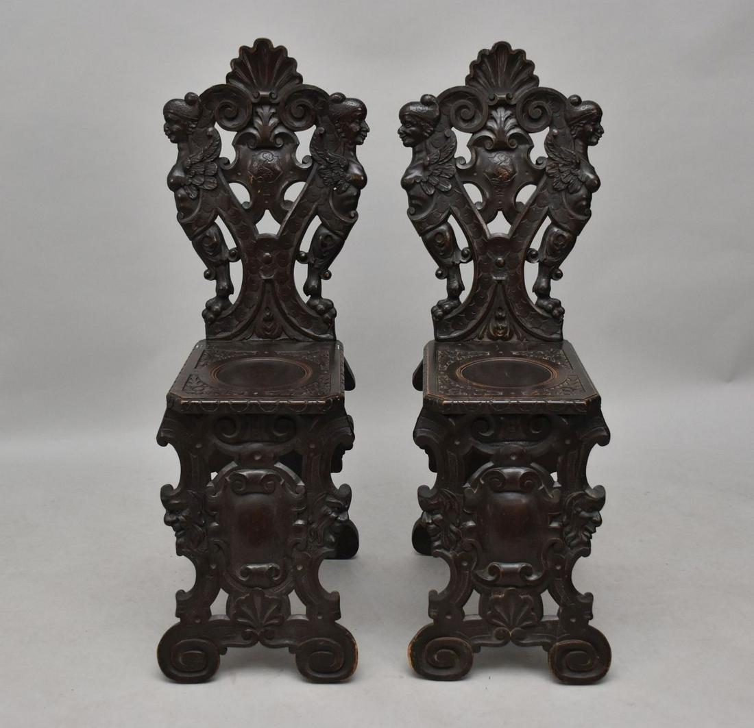 Pair Spanish Colonial Carved Side Chairs, Seat Back with Winged Busts, shell top, 39"h (1 of 6)