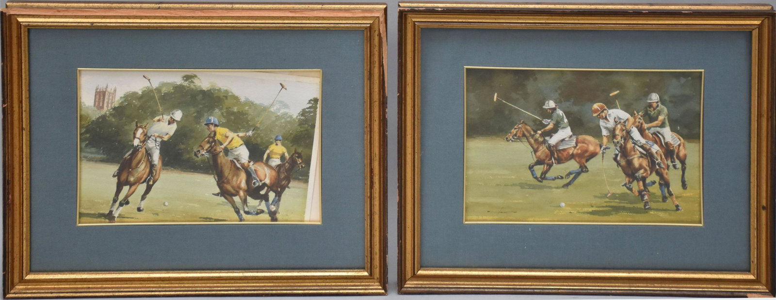 2- Watercolor on paper, Polo Players, signed illegibly lower left, 10" x 14" sight, 18 1/2" x 22 (1 of 8)