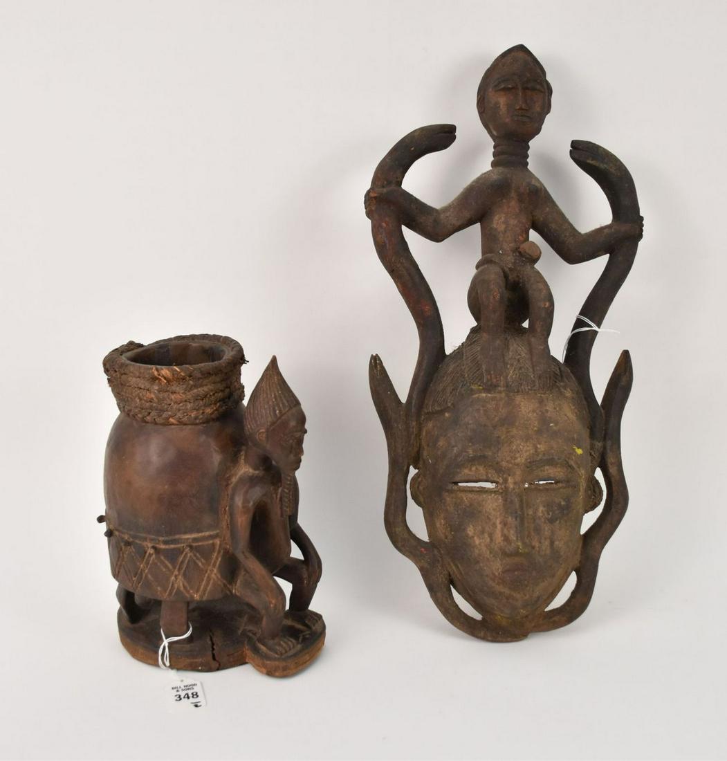 Vintage West African Mask & Storage Container - A Carved Wood Baoule Mask with  a figure holding two (1 of 8)