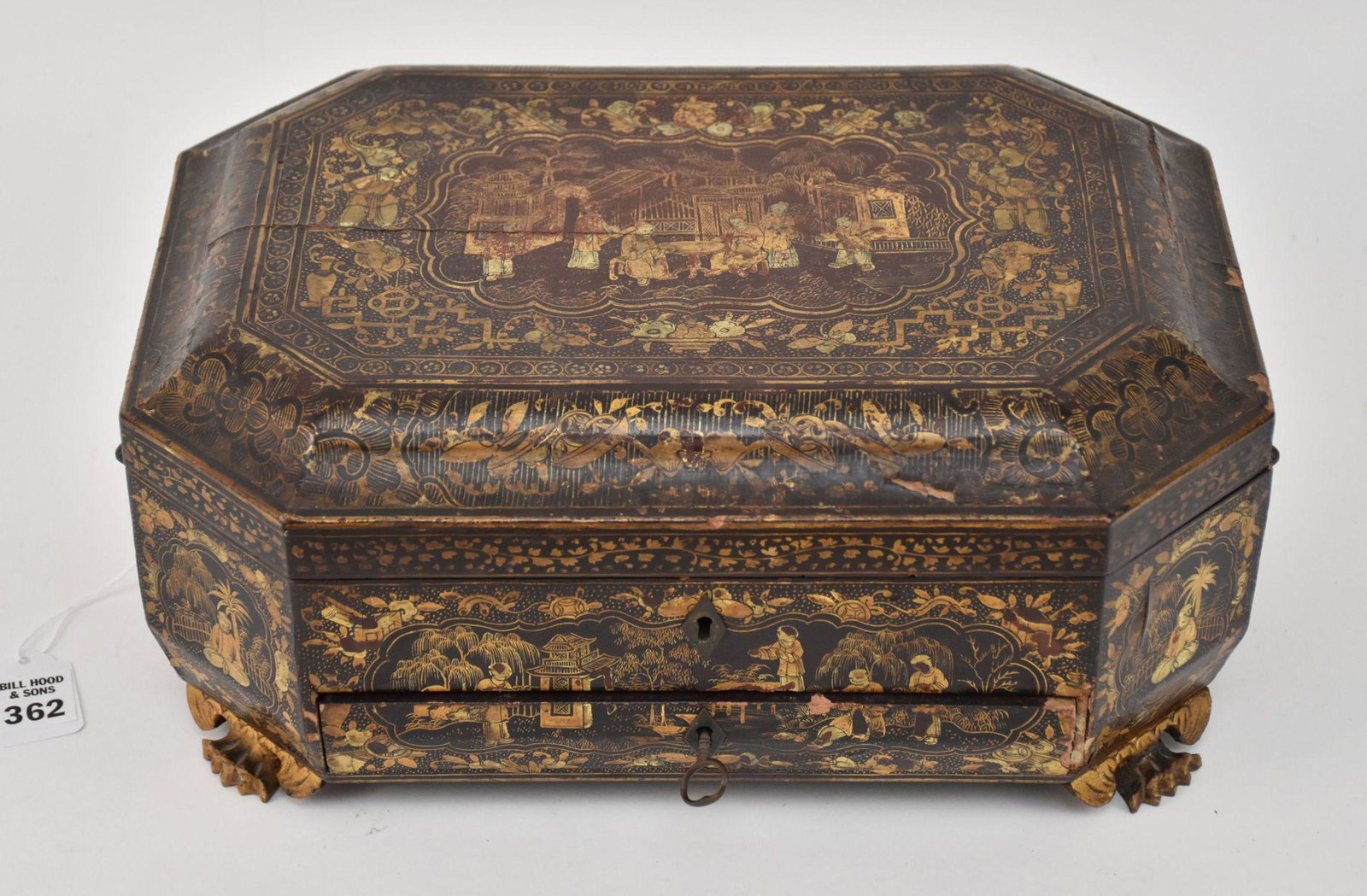 Antique Chinese Gilt Decorated Lacquer Sewing Box - an octagon shaped Chinese lacquer sewing box (1 of 11)