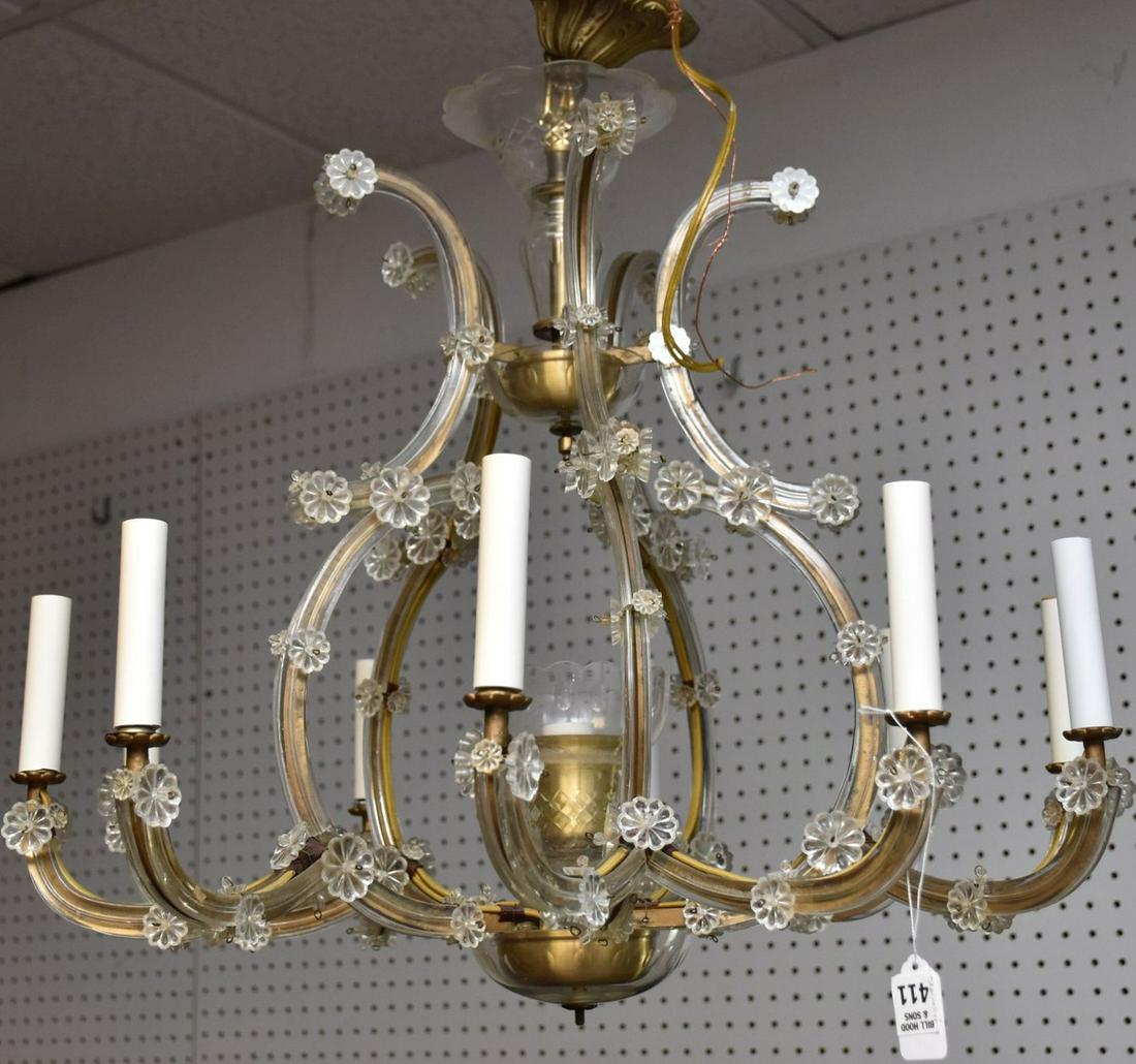 Chandelier, 10 Light Glass & Brass: Chandelier, 10 Light Glass & Brass