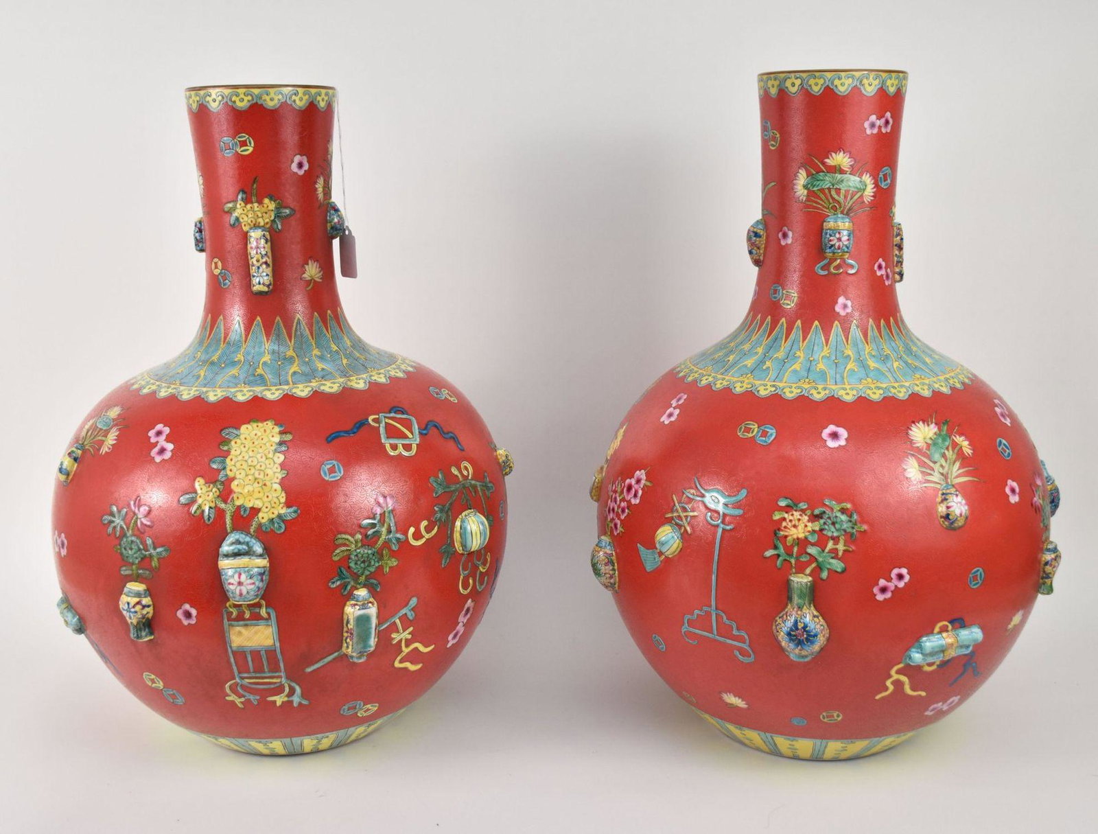 PAIR LARGE CHINESE 'SACRED OBJECTS' RED GROUND ENAMELED VASES - A pair of very large globular vases. (1 of 11)