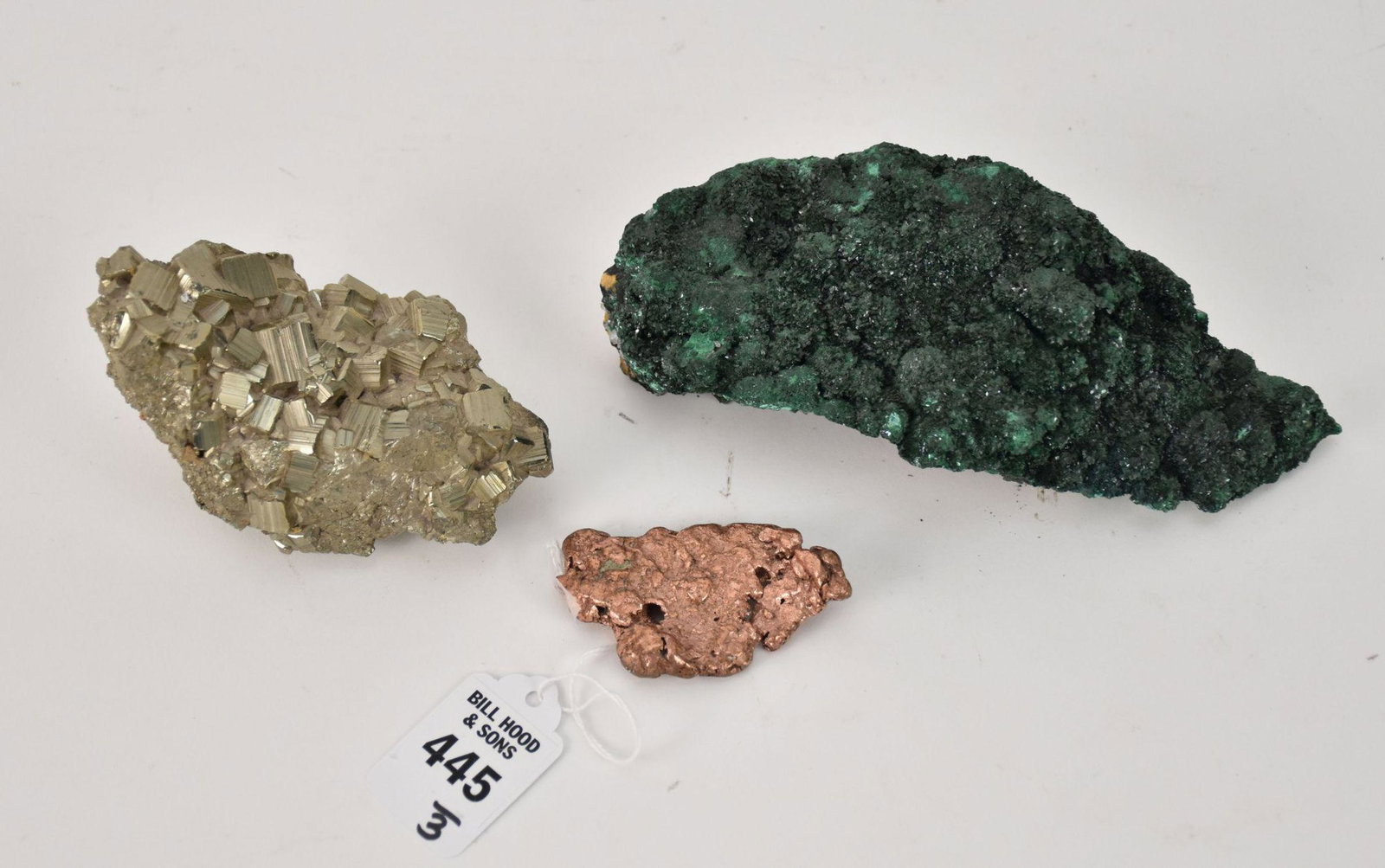 Three Pieces Natural Minerals Malachite, Pyrite & Copper - Natural form minerals. Malachite 6 5/8" L (1 of 6)