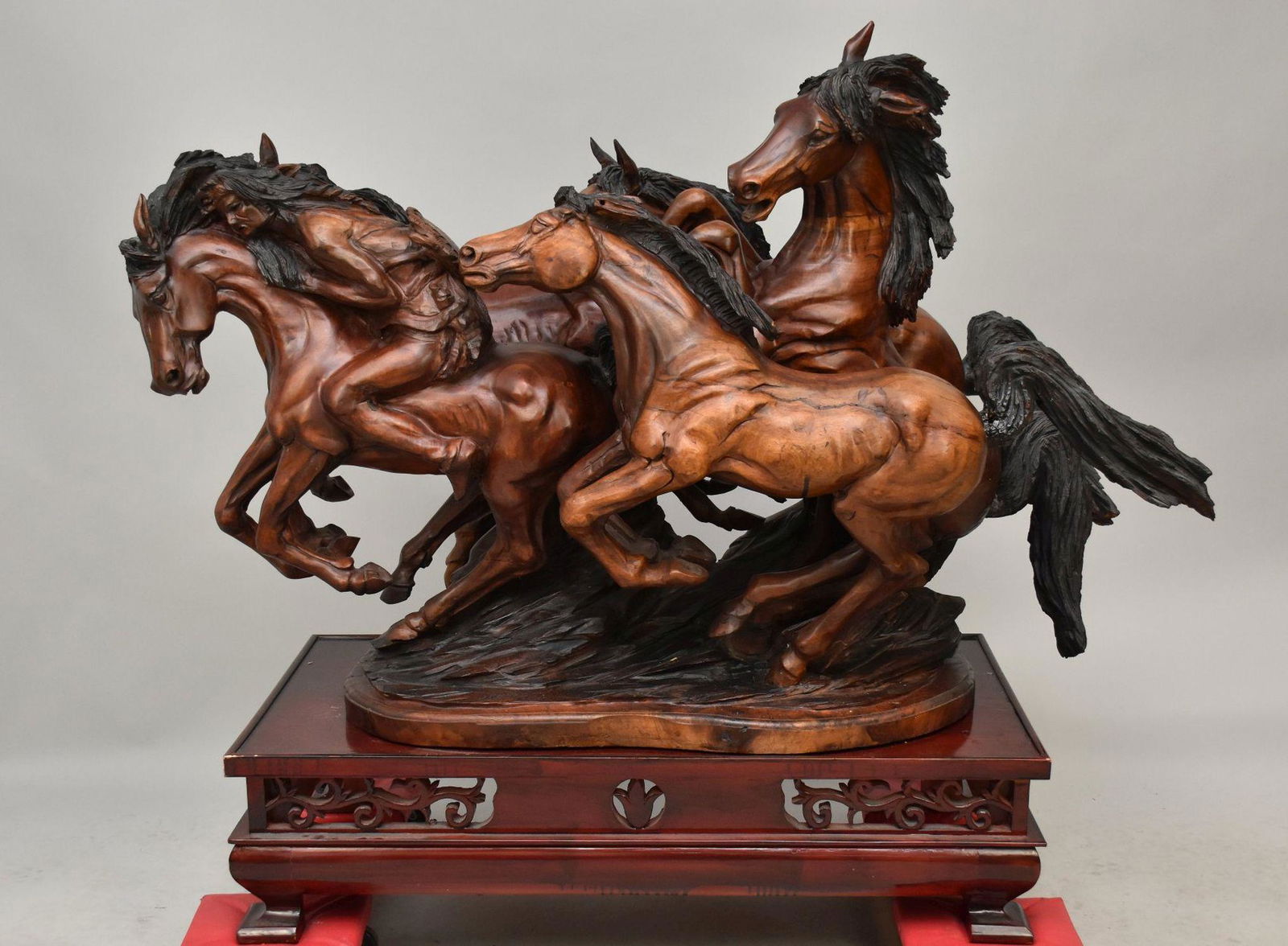 J Chester (Skip) Armstrong - Large solid wood Carving of Indian Rider and wild Horse Grouping, 53L x (1 of 10)