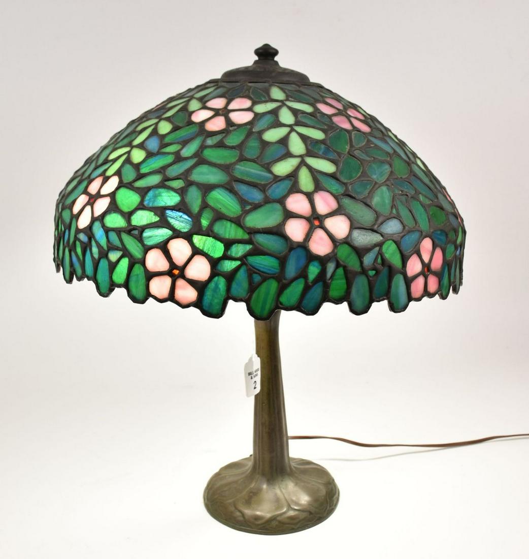 Handel leaded art glass shade and bronze base, both signed. (1 of 14)