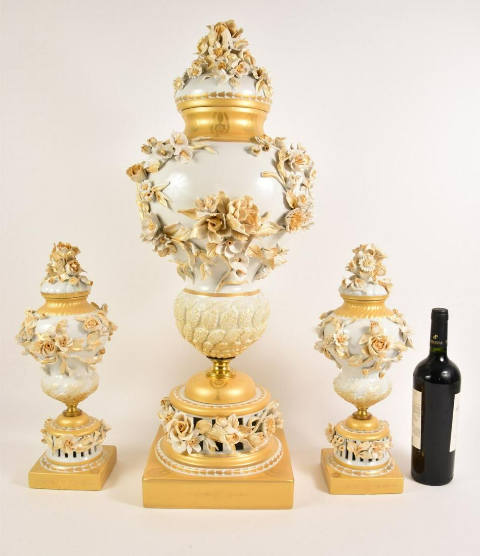 3 Piece Magnani Porcelain Garniture.  Large Center Urn Height 30" Two Smaller urns height 17" (1 of 8)
