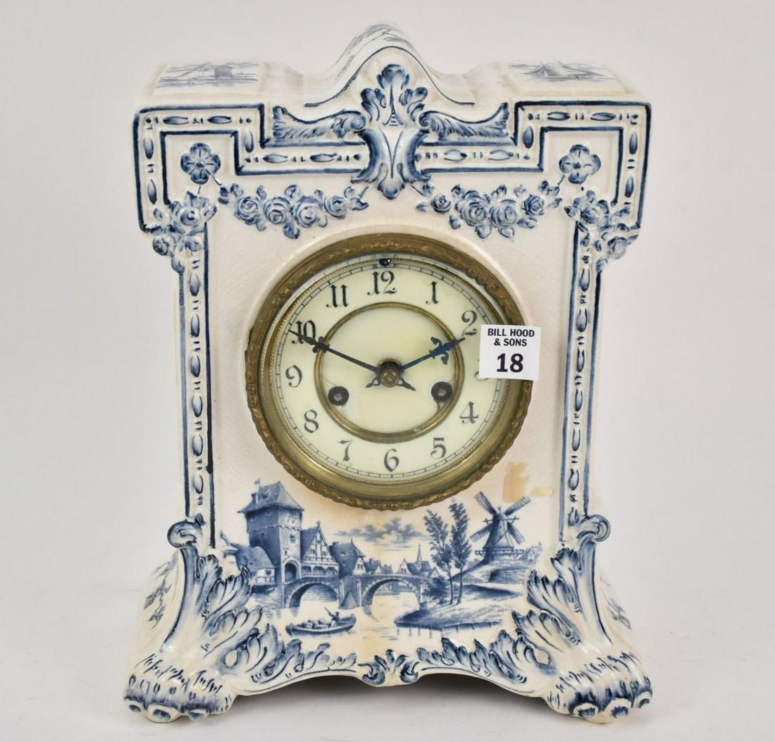 Antique Delft blue and white clock, 12 x 9-1/2 inches, no pendulum or key: Antique Delft blue and white clock, 12 x 9-1/2 inches, no pendulum or key