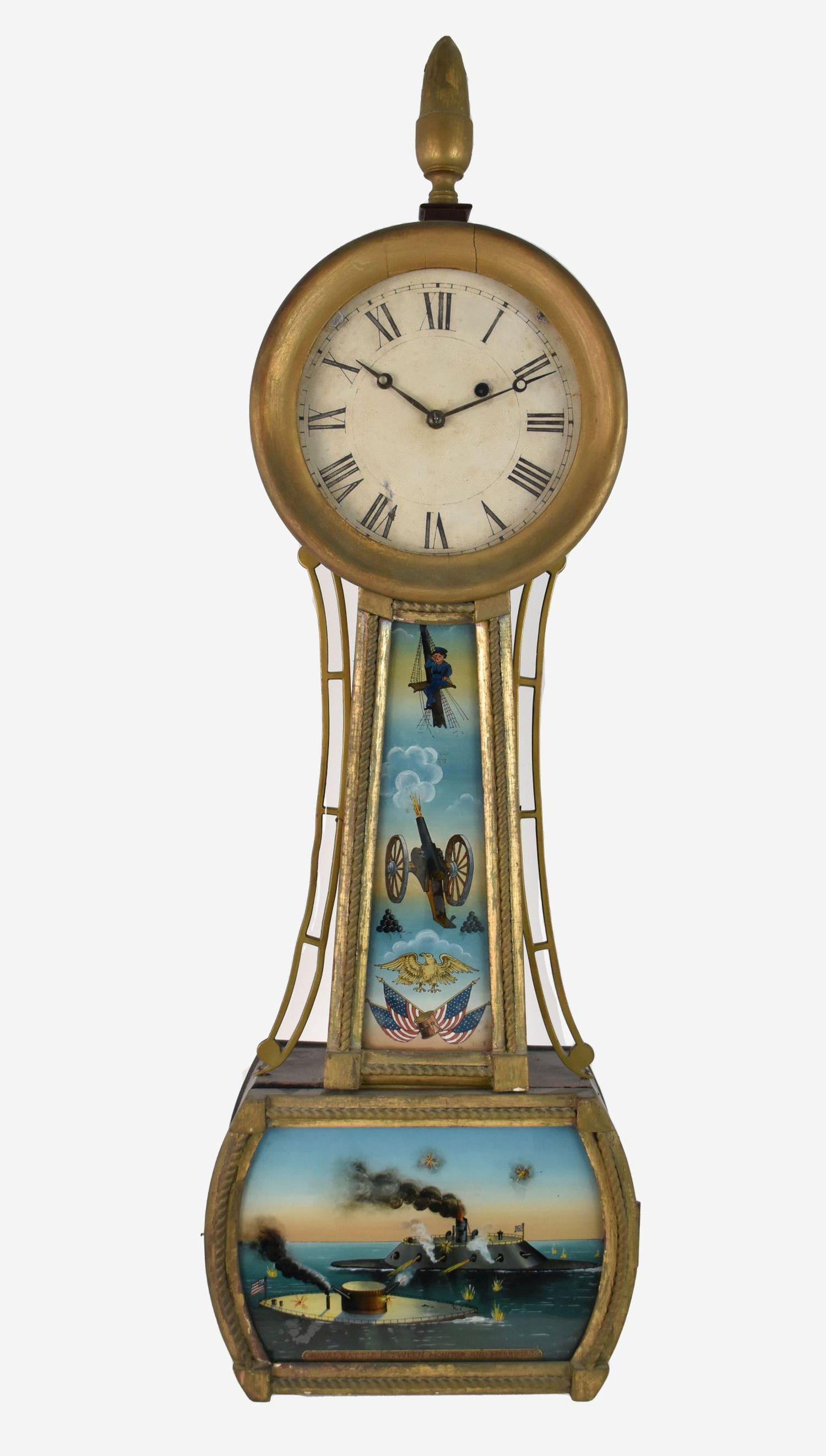American 19th C. Banjo Clock with Reverse Painting on Glass, Commemorative Civil War "Battle Between (1 of 14)