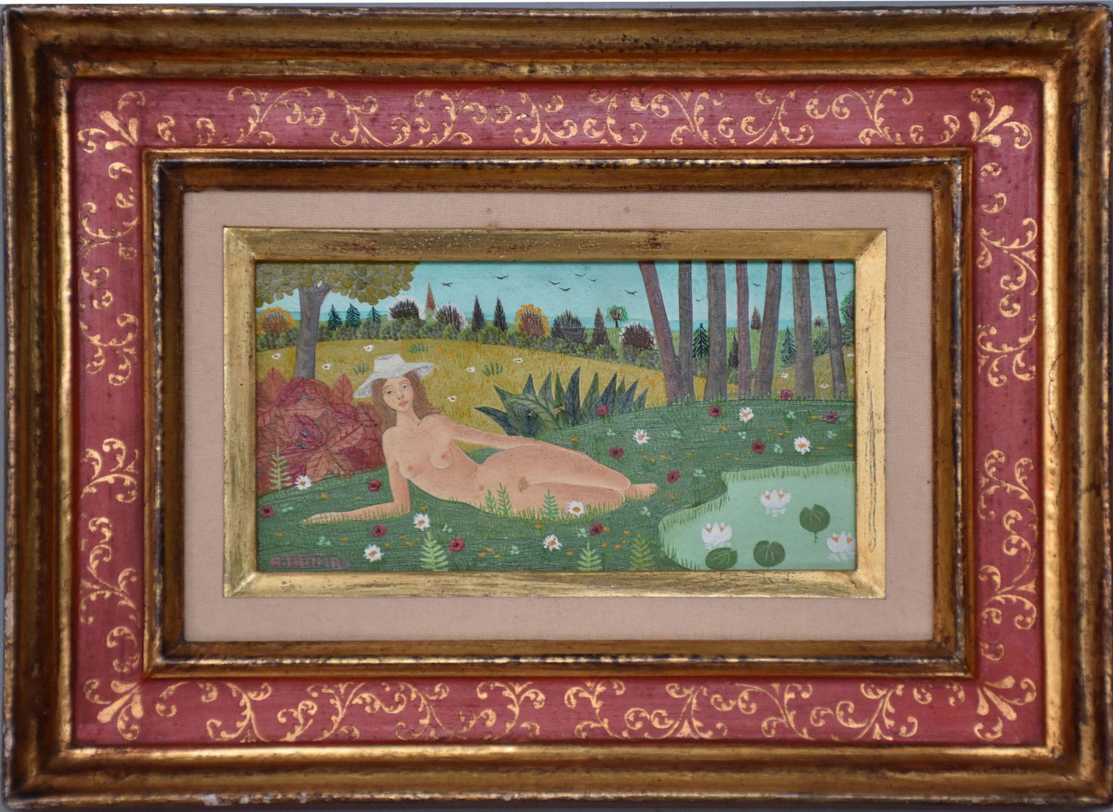 Alain Thomas (French, born 1942) oil on board, reclining nude landscape, Wally Findlay Galleries,: Alain Thomas (French, born 1942) oil on board, reclining nude landscape, Wally Findlay Galleries, signed on reverse as well as bottom right, 7 1/8" x 3 3/4" sight, 9 1/2" x 12 3/4" overall