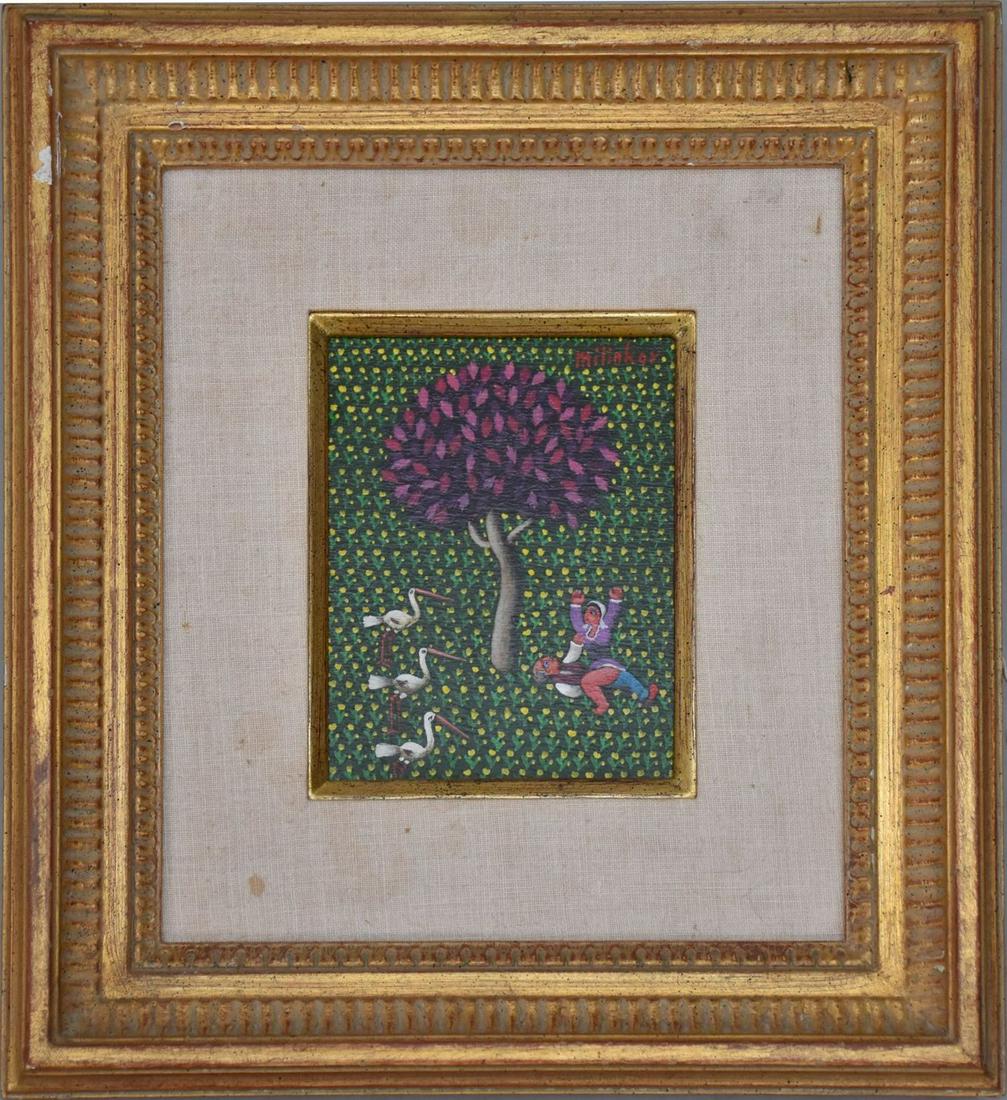 Ljubomir Milinkov (AMERICAN/YUGOSLAVIAN, 1942) oil on board, figures and birds under purple tree, (1 of 5)