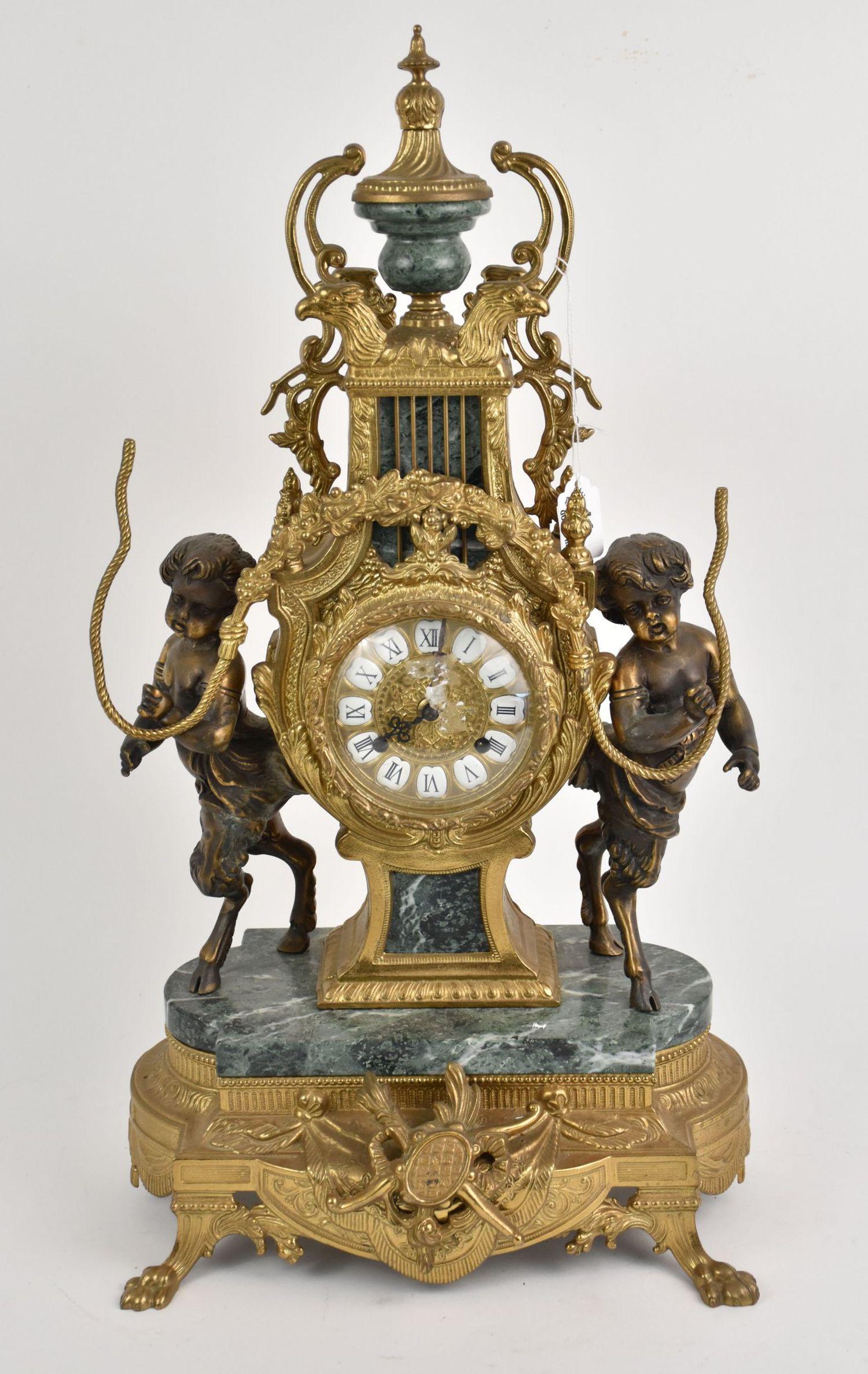 French Gilt Metal & Marble Shelf Clock with Figural Satyrs on Either Side, 24"h x 13"w (1 of 7)