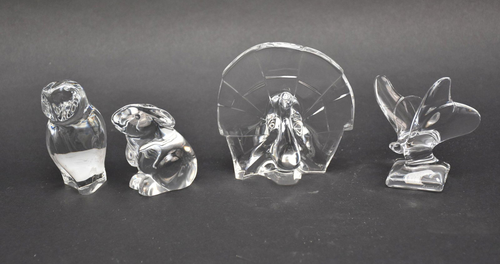 4 Baccarat Crystal Animal Figurines. Peacock 5" x 4.5", Butterfly 4" x 3", Owl 4" and Bunny 3" in (1 of 4)