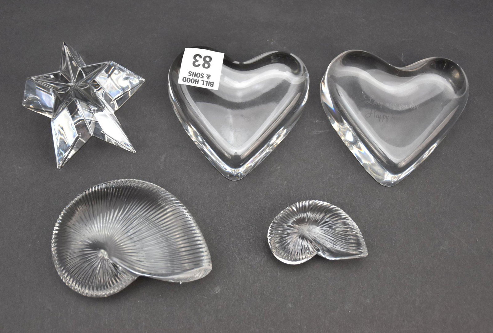5 Baccarat Crystal Figurines. 2 Hearts  3.5", Star paperweight 2" x 3" and 2 Nautilus Shells 2" & (1 of 5)