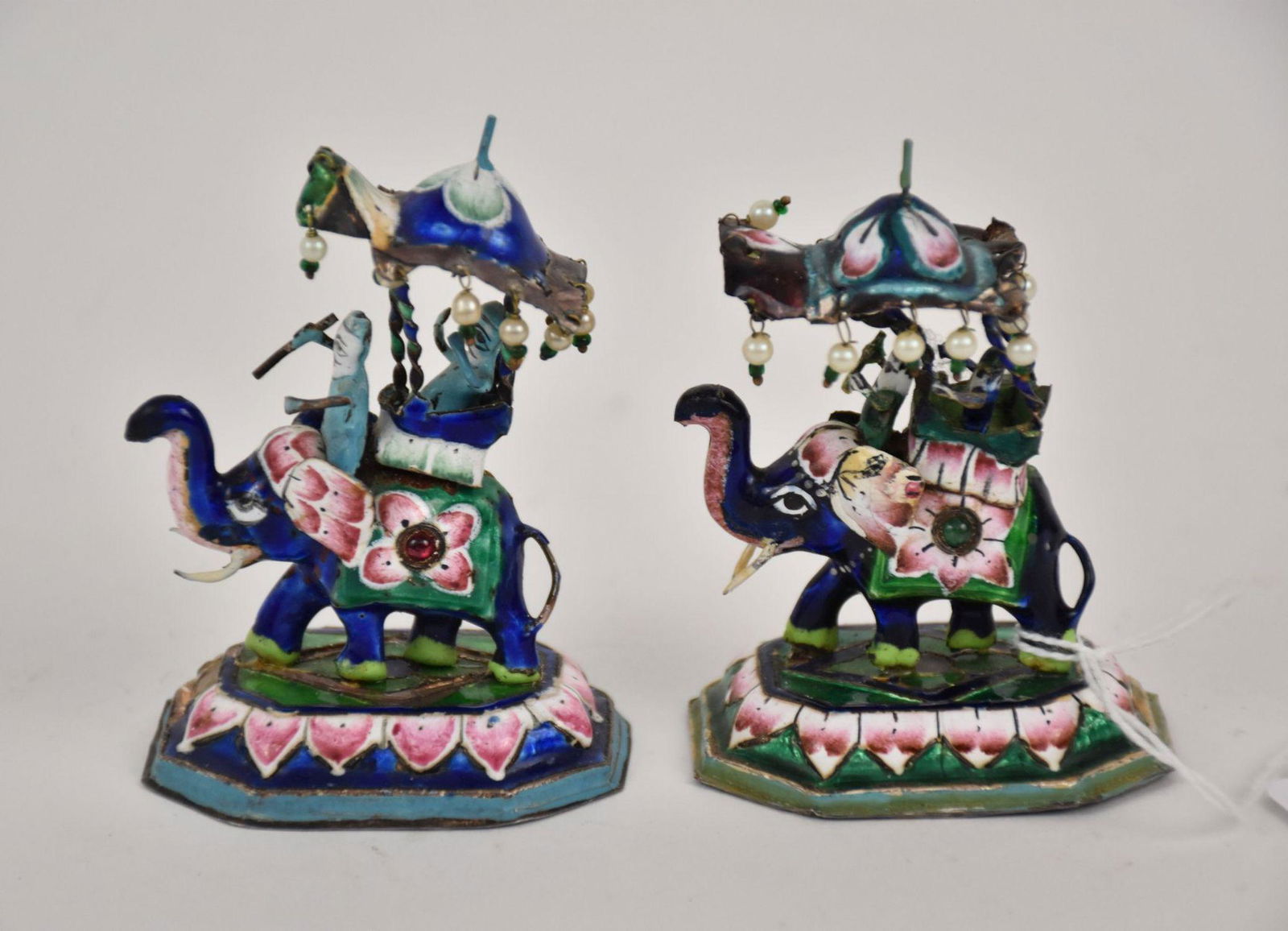 Pair of Enamel & Sterling Miniature Elephants under Pagodas, 3" x 2.25" a few chips in the enamel. (1 of 5)