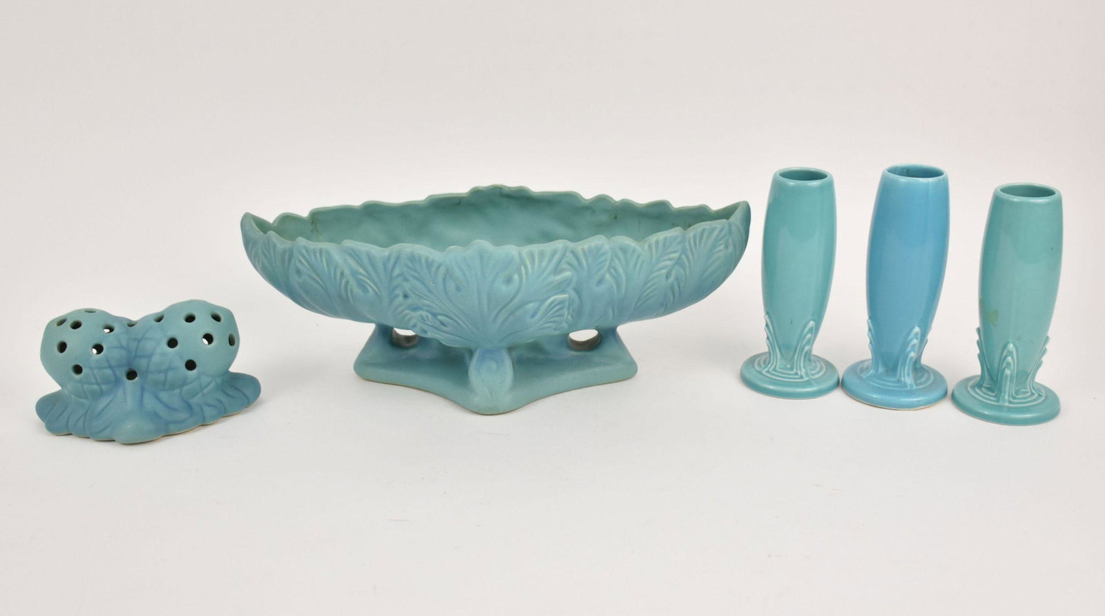 Van Briggle Acorn Flower Frog (3"h x 7"w), Van Briggle Oak Leaf Planter (5"h x 14"w) and 3 Fiesta (1 of 7)