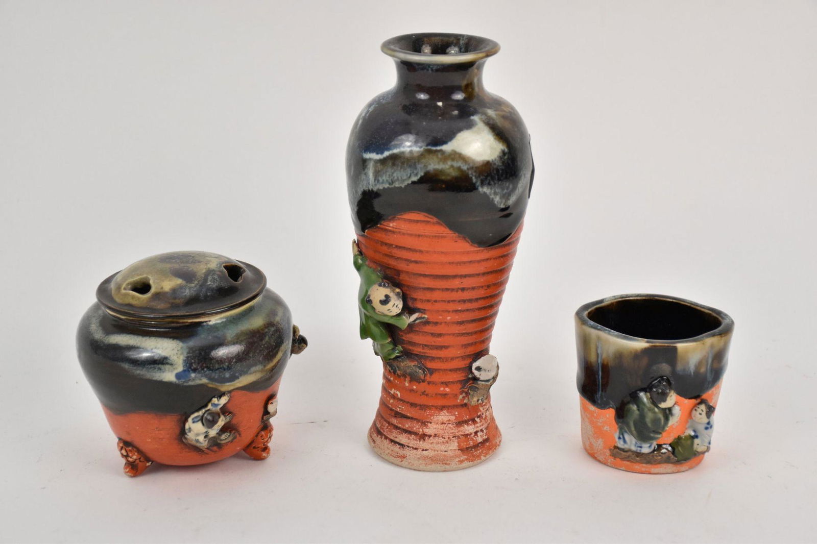 3pcs. Sumida Pottery, Vase, Incense and Cup, 7 1/2"h tallest, 2 1/2"smallest (1 of 4)