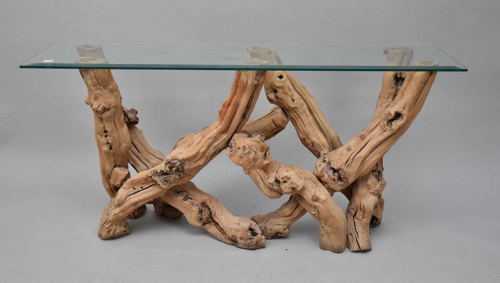 Console with Driftwood Base and Beveled Glass Top, 26"h x 54"w x 16"d: Console with Driftwood Base and Beveled Glass Top, 26"h x 54"w x 16"d