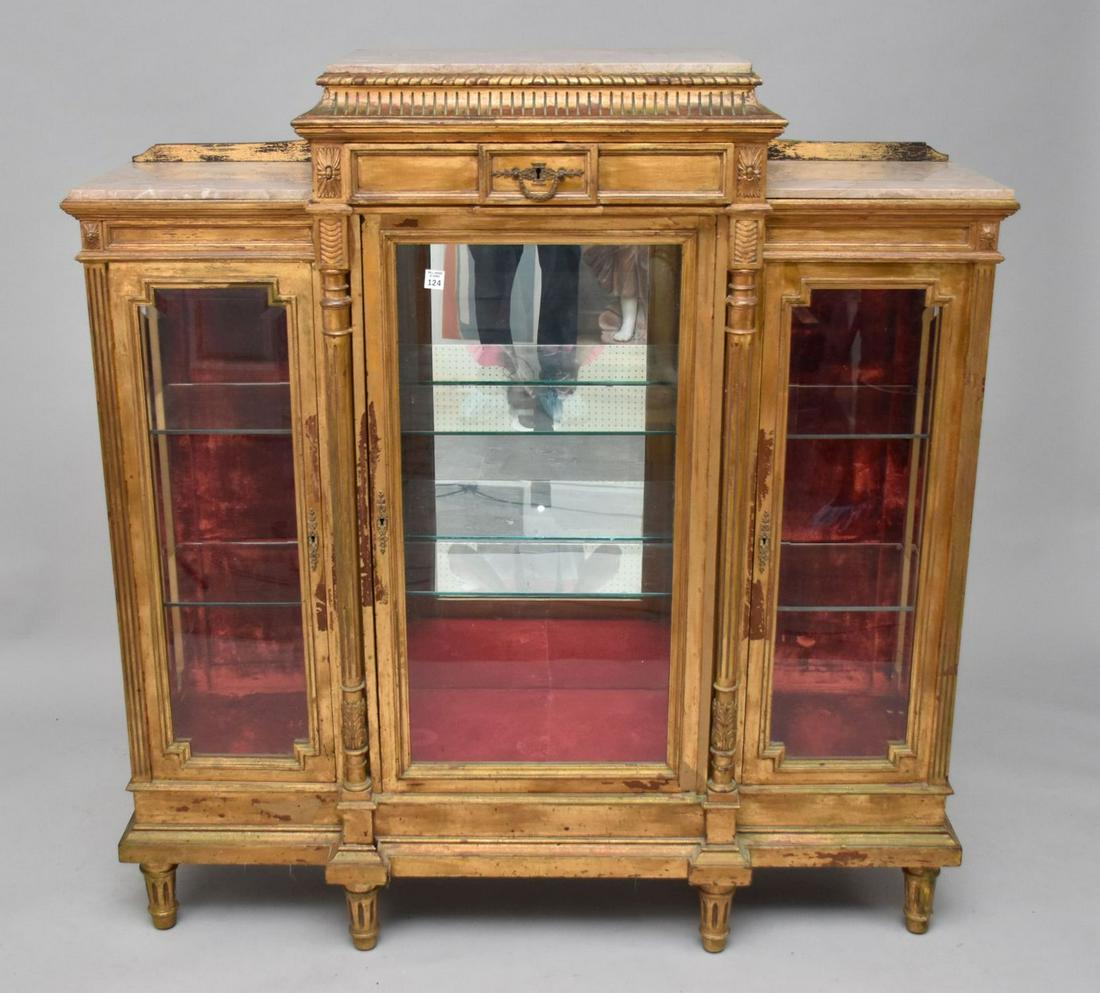 Italian Gilded Antique Cabinet with Center Glass Door Flanked by 2 Doors, Red Velvet Interior and: Italian Gilded Antique Cabinet with Center Glass Door Flanked by 2 Doors, Red Velvet Interior and Mirrored Interior, 54"h x 51"w x 16 1/2"d