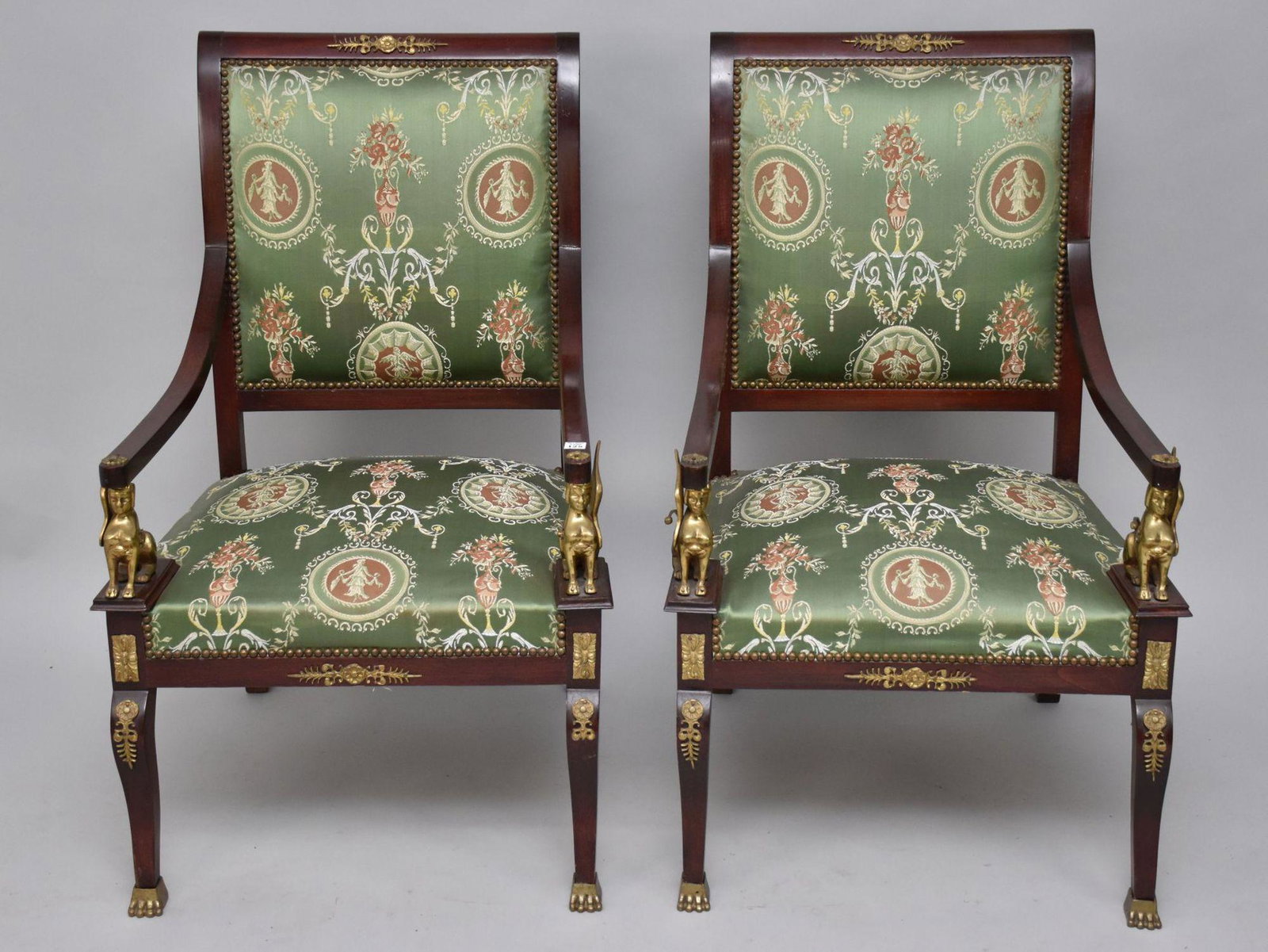 Pair Napoleonic Armchairs with Brass Satyr Supports at Arm Rest, Bronze Accents with Green Silk: Pair Napoleonic Armchairs with Brass Satyr Supports at Arm Rest, Bronze Accents with Green Silk Upholstery