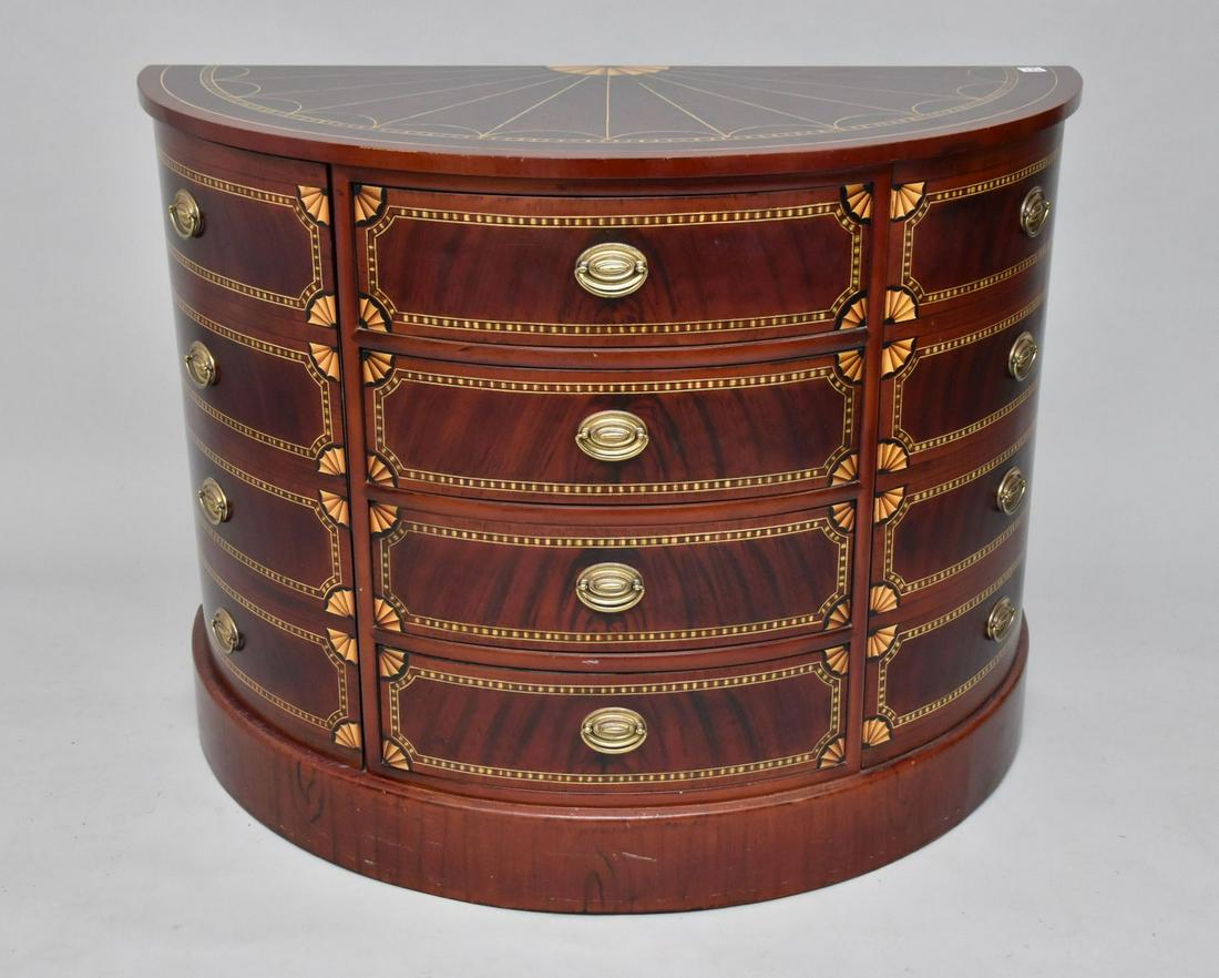 Reproduction Demilune Cabinet, 4 Center Drawers Flanked by 2 Cabinet Doors Appearing as Faux: Reproduction Demilune Cabinet, 4 Center Drawers Flanked by 2 Cabinet Doors Appearing as Faux Drawers, Top Painted Fan Design, 30"h x 40"w x 20"d