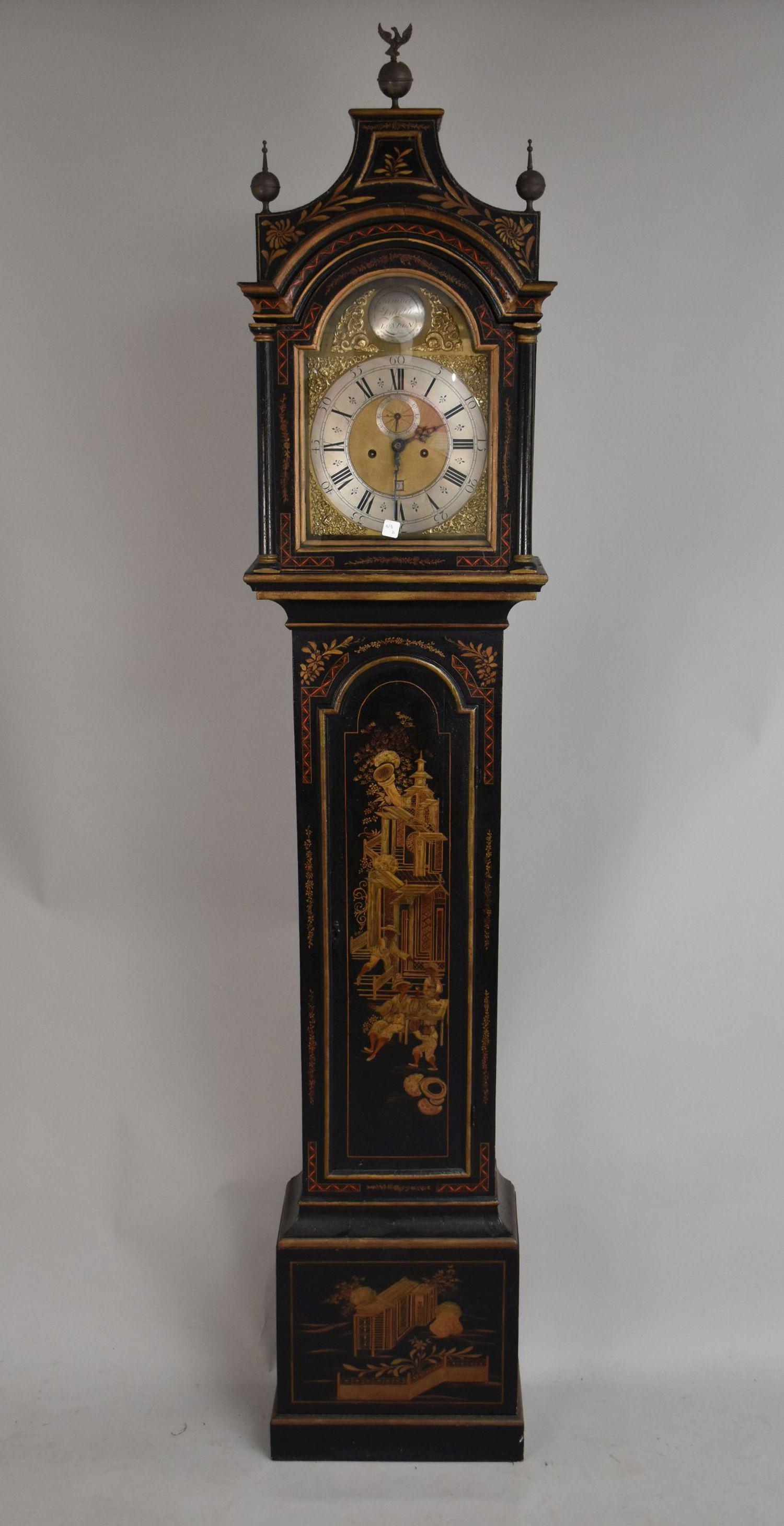 Antique London Chinoiserie Painted Grandfather Clock, painted Ebony with Gold Accents in Chinoiserie (1 of 11)